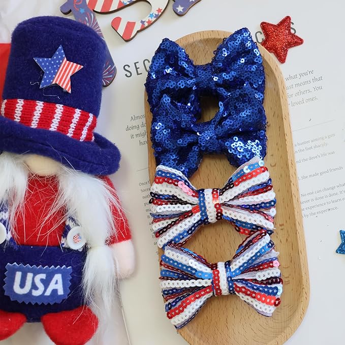 4th of July Sequin Hair Bows for Girls Blue Sparkly Alligator Clips Star Glitter Hair Accessories for Little Teen Toddler Girls Kids Independence Gift