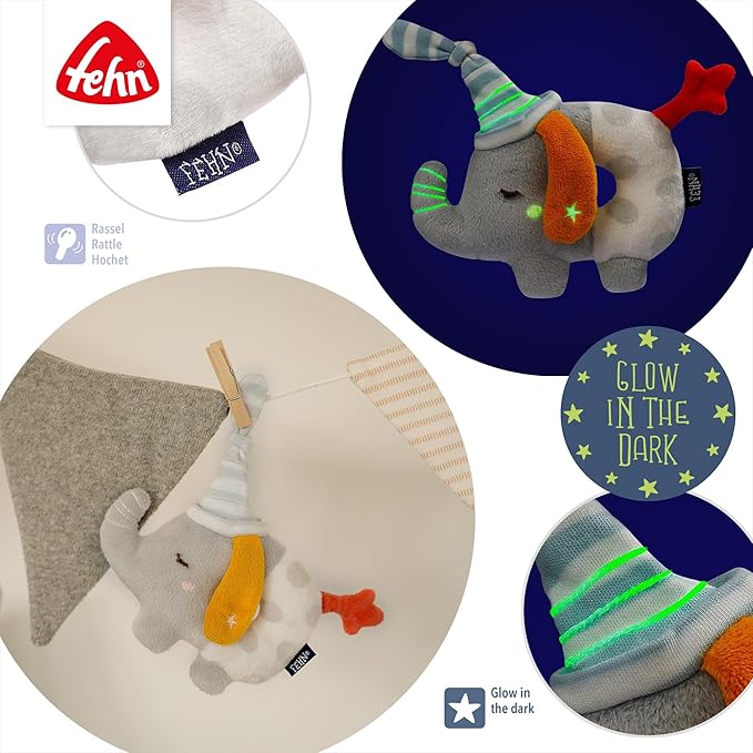 Fehn 053111 Ring Grasping Toy Elephant - Motor Skills Toy with Rattle &"Glow-in-The-Dark" Embroidery - Faithful Companion for Babies and Toddlers from 0+ Months