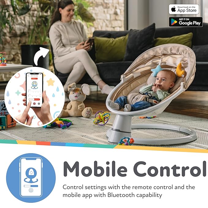Nuby Baby Swing with Canopy and Remote - 5-Level Infant Swing with Soothing Sounds and Mobile App Control - 0-9 Months - Gray