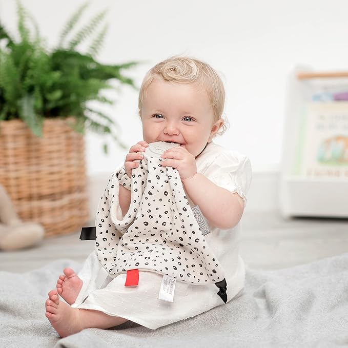 Cheeky Chompers Comfortchew | Baby Lovey with Silicone Teether & Sensory Tags | Soft Fleece Material, Attachable Loop, Machine Washable | (Leopard Spot)