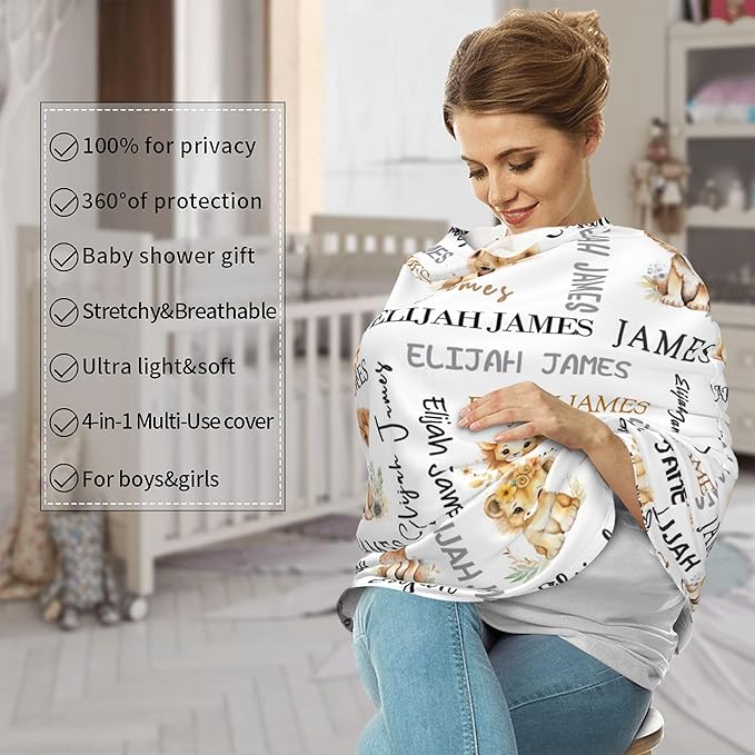 Personalized Baby Car Seat Covers for Babies, Custom Lion Nursing Breastfeeding Carseat Canopy with Name, Infant Stroller Covers for Newborn Girls Boys, Breathable Carseat Cover