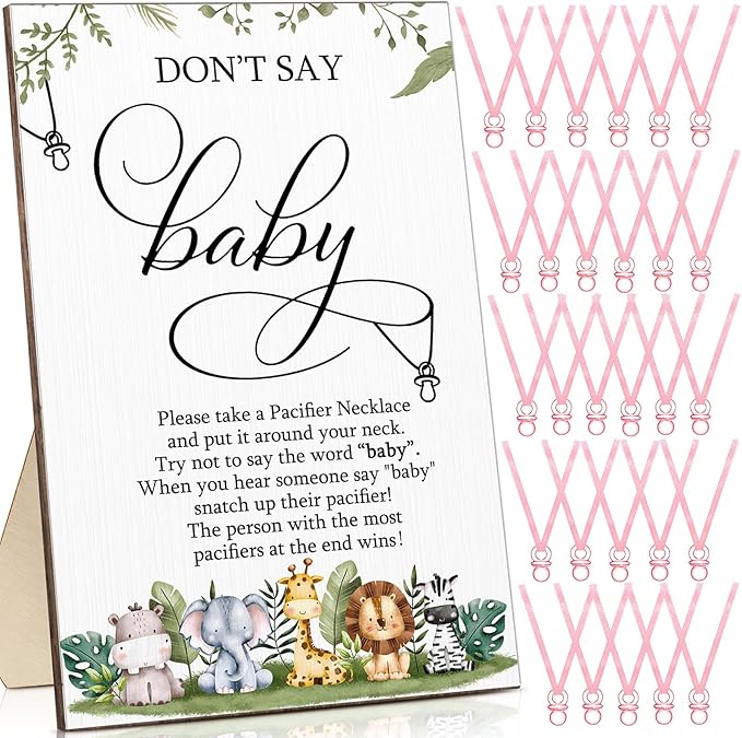 Geetery 51 Pcs Don't Say Baby Game Sign Cool Baby Shower Game 50 Pacifier Necklace Wooden Don't Say Sign Plastic Pacifier Party Favor for Gender Reveal(Animal,Pink)
