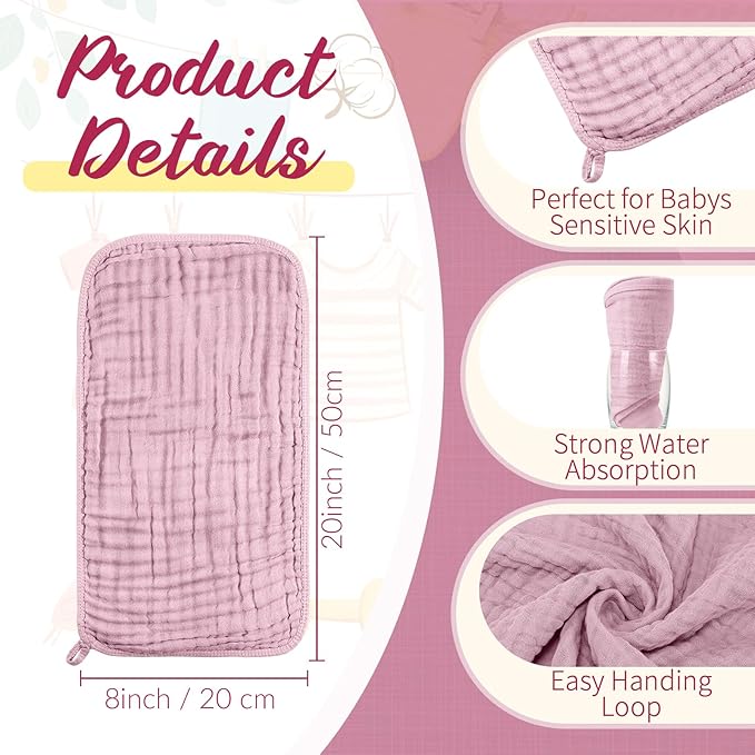 VitalCozy 6 Pcs Baby Muslin Hooded Bath Towels and Washcloths, Muslin Hooded Baby Towels Absorbent Blankets for Gift Newborn Infant Shower (Mauve,Peach Pink)