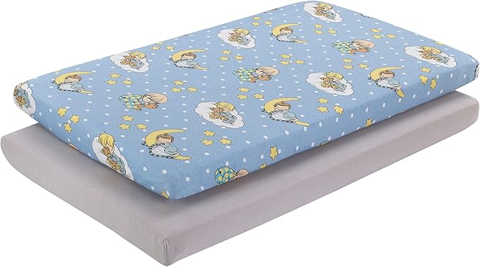 2 Pack n Play Mattress Sheets – 100% Jersey Knit Cotton Soft Portable Crib Mattress Sheet for Boys with Blue and Yellow Precious Moments Design; 2 Pk Playpen Mattress or Mini Crib Fitted Sheet Set