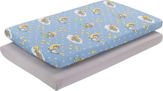 2 Pack n Play Mattress Sheets – 100% Jersey Knit Cotton Soft Portable Crib Mattress Sheet for Boys with Blue and Yellow Precious Moments Design; 2 Pk Playpen Mattress or Mini Crib Fitted Sheet Set
