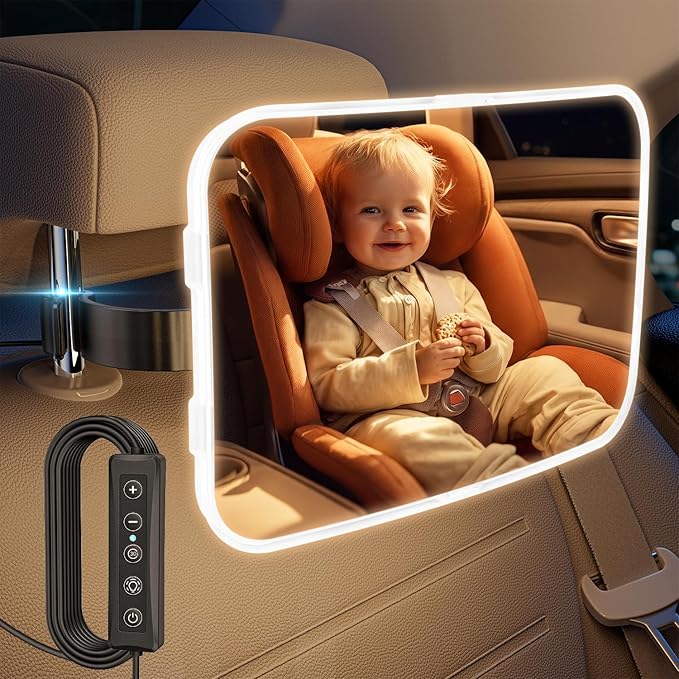 TAZENI Baby Car Mirror - LED Light Baby Car Seat Mirror for Rear Facing with 175° Wide Clear View Anti-Glare, 360° Rotation, Shatterproof, Crash Tested, Safety & Easy Install, espejo para carro bebe