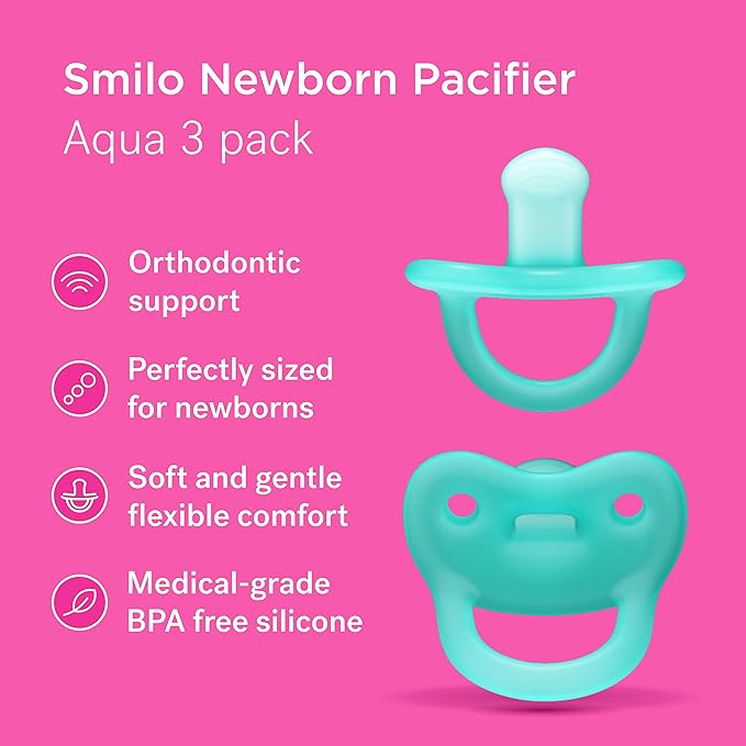 Smilo Newborn Baby Pacifier - 3 Pack of Orthodontic Pacifiers for Babies from 0-2 Months - Expands to Support The Palate During Soothing - BPA-Free - Aqua