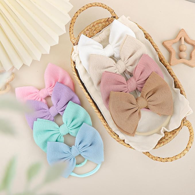 8PCS Baby Girl Headbands with Bows Slub Fabric Macaron Hair Bow Stretchy Hair Bands for Newborn Infant Toddler Little Girls Hair Accessories
