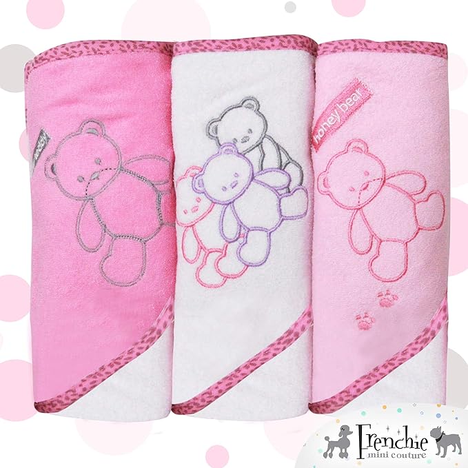 Frenchie Mini Couture, Hooded Bath Towels for Babies, 80% Cotton/20% Polyester, Bear Hooded Towel Set, Girl, Pack of 3