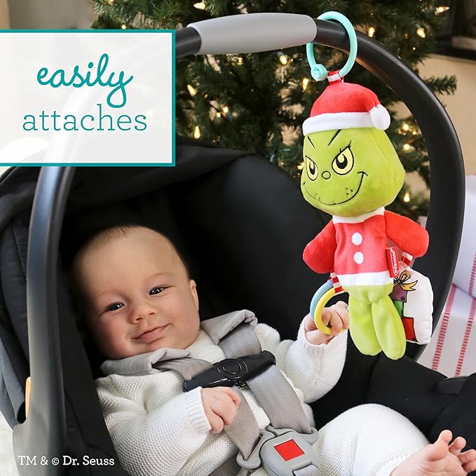 Infantino Activity Pal The Grinch, Baby Sensory Clip-On Toy with Crinkle Body, Rattling Presents & Clacker Rings, Stroller & Car Seat Companion, Holiday Baby Gift & Stocking Stuffer