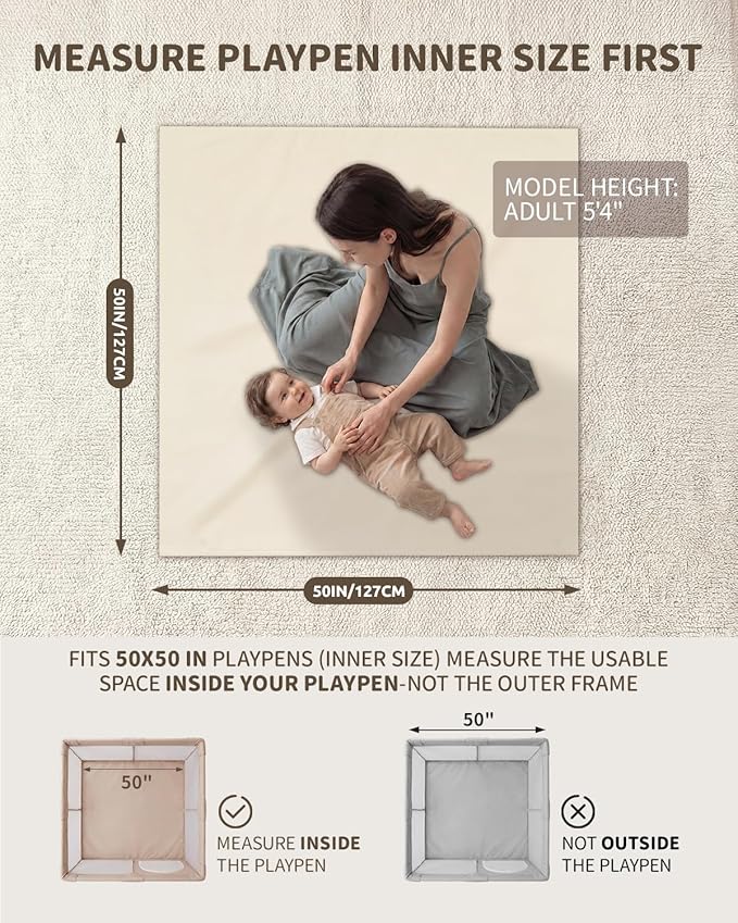 Joypony Baby Play Mat for Floor 50x50, 1.5” Thick Vegan Leather Crawling Mat with Removable Cover, Waterproof Playpen Mat for Infants and Toddlers, Wipe-Clean Kids Playmat, Cream