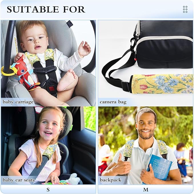 Car Seat Belt Pads Covers 2 Piecing Soft Child Safety Seat Shoulder Strap Cover for Women Men Kids M Florals Carnation Delphinium Flower Yellow