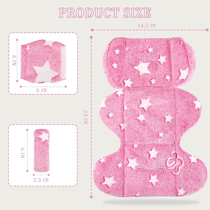 Infant Car Seat Insert Girls, Soft Flannel Baby Head Support & 2 Strap Pads, Preemie Newborn Carseat Cushion Reversible & All Season, for Stroller, Baby Swing, Rocker, Bassinets, Bouncer (Pink Star)