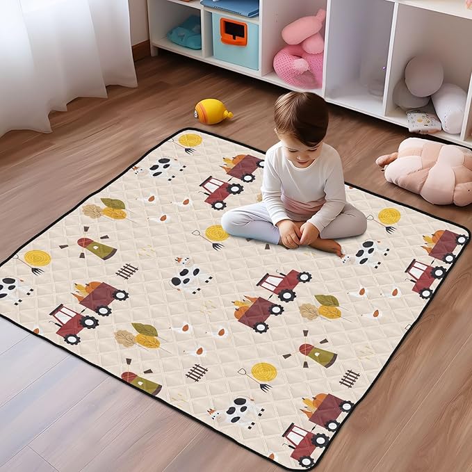 Baby Play Mat Cartoon Farm Cow Chicken Tractor 50 x 50 Playpen Mat Baby Play Mats for Floor Play Gym Crawling Mat Non-Slip Cushioned Baby Playmat for Infants, Babies, Toddlers