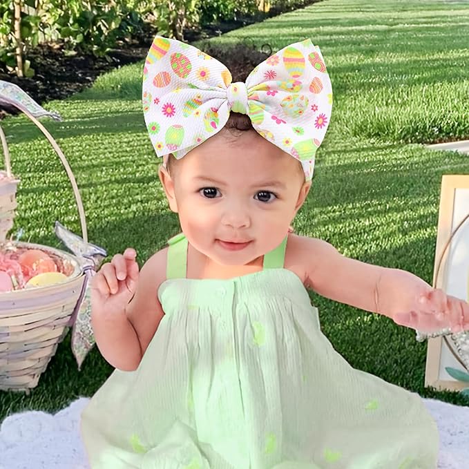 7” Easter Baby Girls Bows Pink White Eggs Bunny Headbands for Newborn Infant Girls Elastic Tied Hairbands Hair Bows Easter Hair Accessories for Gift