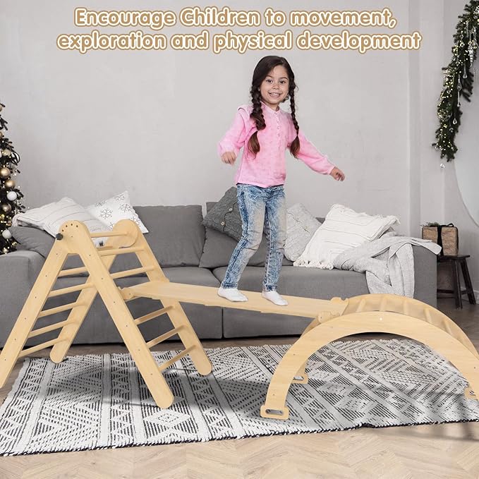 5 in 1 Montessori Pikler Triangle Climbing Set, Large Indoor Foldable Wooden Baby Climbing Gym Climber with Arch Slide for Toddler 1-3