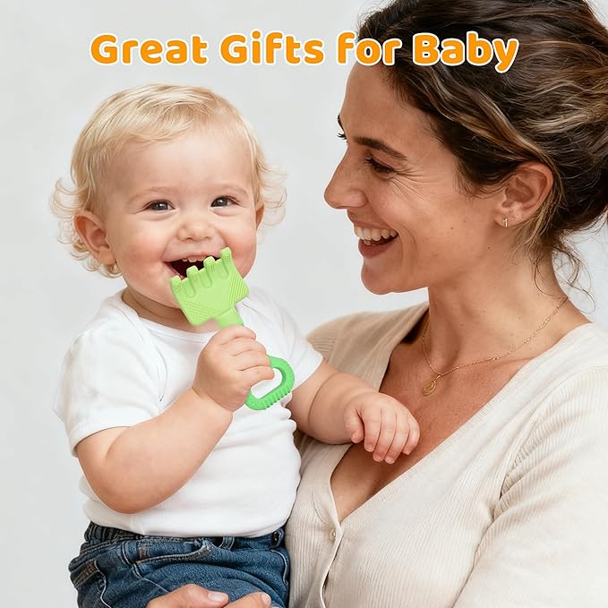 Baby Teething Toys, Baby Teether Toys Shovel & Rake Silicone Teethers for Babies 0-6 Months 6-12 Months, Multi-Texture Gum Massage Teething Relief Easy Grip for Infants Newborn Toddler, 2 Pack