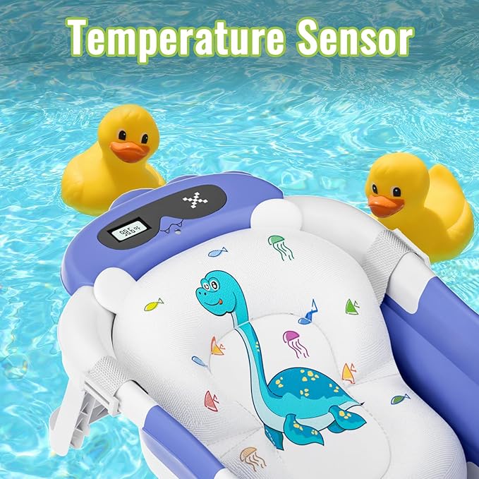 Baby Bathtub, Collapsible Baby Bathtub with Thermometer, Portable Travel Baby Bath Tub, Newborn to Toddler Baby Tub with Floating Soft Cushion, Suitable for Infants 0-36 Months (Blue)