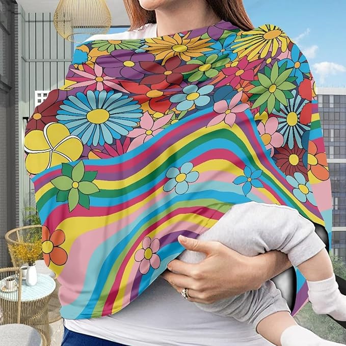 Hippie Flower Baby Car Seat Cover Dust Cover Breathable Durable Infant Stroller Cover Multi-Use Car Seat Canopy Cover for Kids Sun-Proof Breastfeeding Shawl