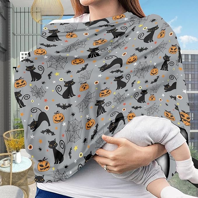 Coldinair Black Cat Print Nursing Cover Baby Breastfeeding Cover for Infant Feeding Cover Breathable Privacy Breast Feeding Cover Carseat Canopy Cover with Halloween Pumpkin Bat and Cobweb Pattern