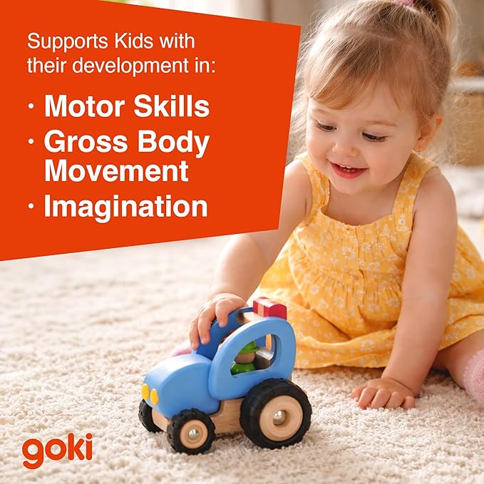 Goki Wooden Tractor Toys for Toddlers 1-3 (Blue) Durable Push Car for Ages 2+ Farm Play Vehicle - Eco-Friendly Wooden Baby Toy - Supports Early Motor Skills - Sustainable Wood Construction