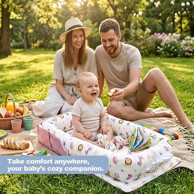 Baby Lounger for Newborn Portable Bag,Baby Nest Play Gym mat with Strap,Newborn Lounger Adjustable Size & Inner Zipper Lengthen Space to 24 Months,Animal World Blue