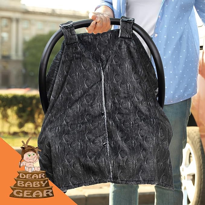 Dear Baby Gear - Infant Carseat Canopy and Winter Covers - Cozy Baby Car Seat Cover for Girls and Boys - Stroller Cover - Mountains Moose & Bear - Faux Quilt/Woodgrain 40" x 30"