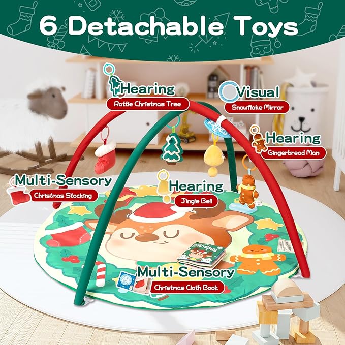 Christmas Baby Play Gym Mat, Softer Tummy Time Mat with 6 Detachable Toys for Sensory & Motor Skill Development, Activity Mat for Newborn Essentials Shower Gift, Oeko-TEX Certified