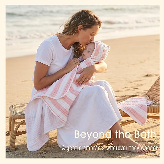 Muslin Hooded Baby Towel 4 Pack, 100% Organic Premium Cotton, (2) 6-Layer 32x32 Bath Towels & (2) Washcloths, Soft Newborn & Infant Gift Set (Pink Stripe & White)
