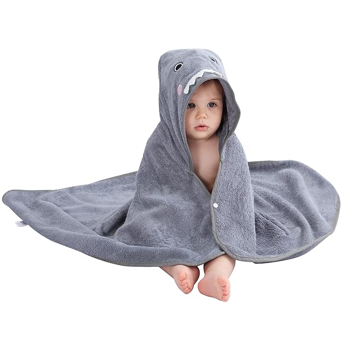 MICHLEY Bamboo Viscose Baby Hooded Bath Towel for 0-5 Years Boys and Girls, 29.5 x 39.5 Inch Ultra-Soft and Quick-drying Infant Bath(Shark)