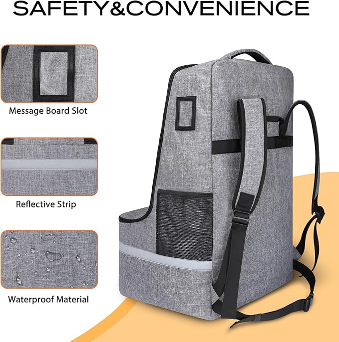 LARIPOP Car Seat Travel Bag for Airplane, Universal Gate Check Car Seat Bag, Padded Backpack with Waist Belt, Reflective Strips & Protective Feet, Fits Infant Convertible Booster Seats, Grey