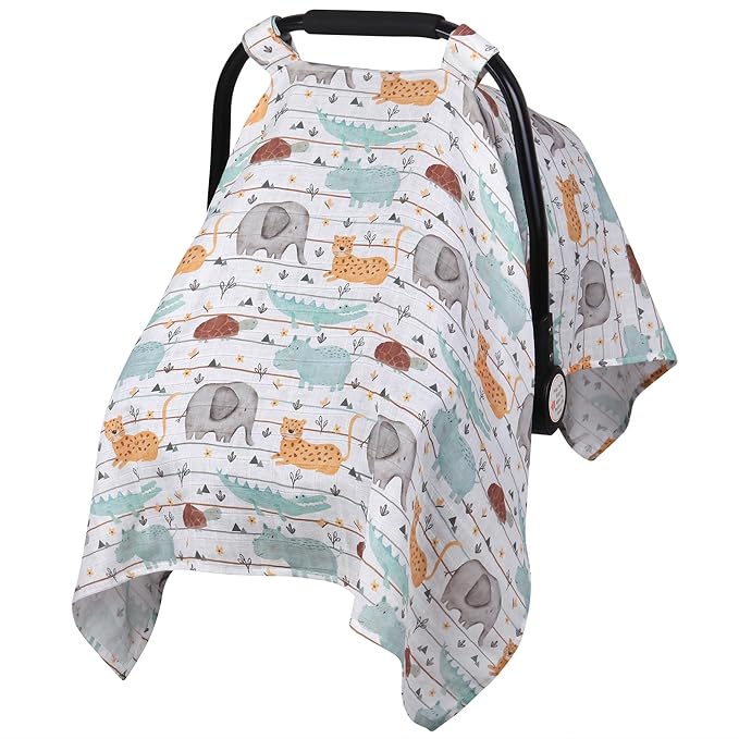 Metplus Car Seat Cover Baby boy, 100% Muslin Cotton Infant Carseat Covers, Lightweight Breathable Car Seat Canopy, Summer Stroller Sun Shade, Newborn Travel Essentials(Animal Party)