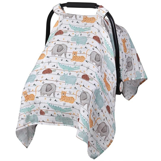 Metplus Car Seat Cover Baby boy, 100% Muslin Cotton Infant Carseat Covers, Lightweight Breathable Car Seat Canopy, Summer Stroller Sun Shade, Newborn Travel Essentials(Animal Party)
