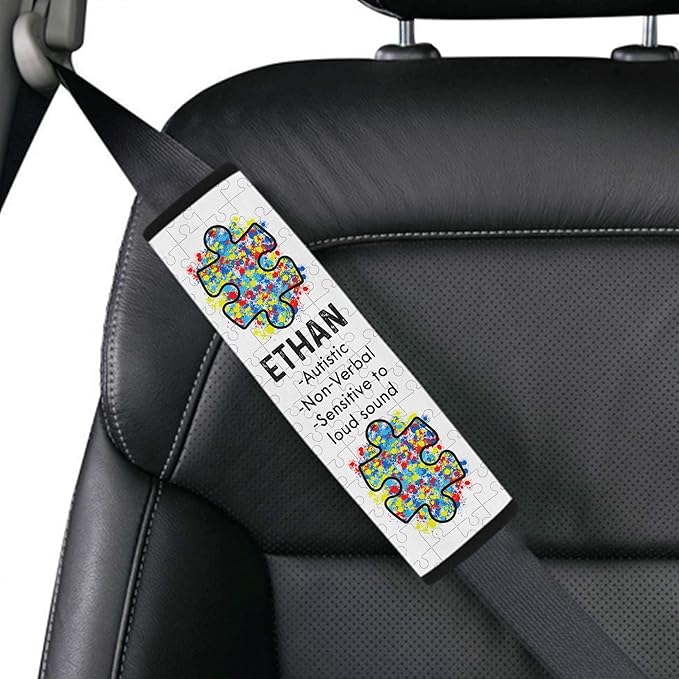 AprilLove Autistic Non Verbal Personalized Name Autism Awareness Seat Belt Covers Special Need Autistic Car Seat Belt Covers for Boys Medical Alert, 7'' x 10''