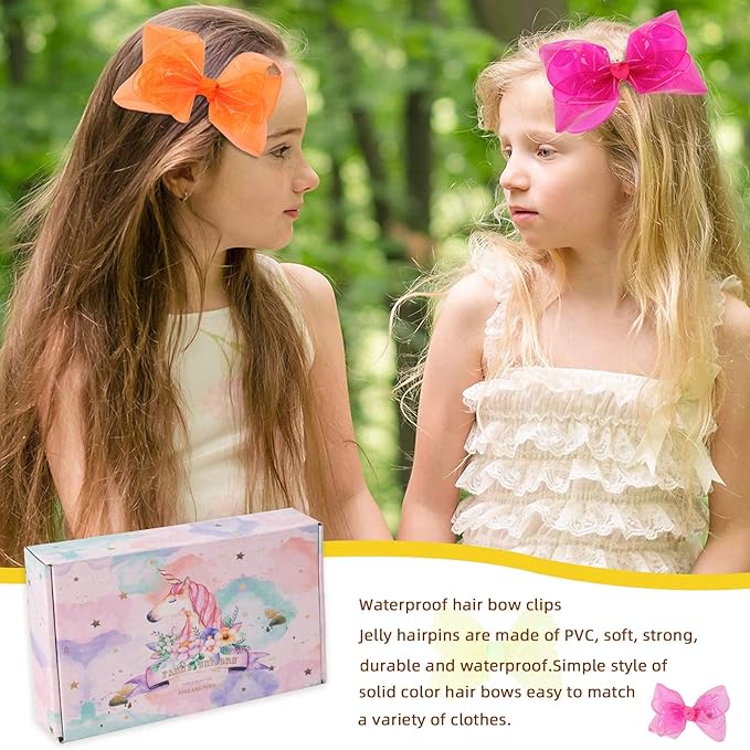 Waterproof Jelly Hair Bows, Multi-colored PVC Summer Swim Pool Bow Clips Transparent Hair Accessories for Girls Toddler Infants Kids Teens Children (Swim Pool Bows, 4inch)