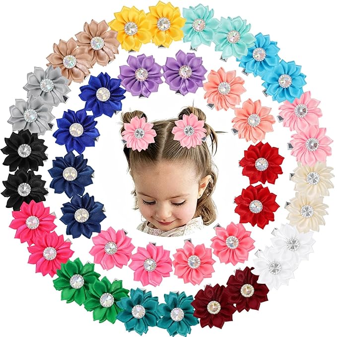 OAOLEER 40PCS 2” Flower Baby Hair Bows Clips, Mini Satin Floral Toddler Bows with Rhinestone Hair Accessories for Girls Toddlers Infants (40pcs Flower Bows-C)
