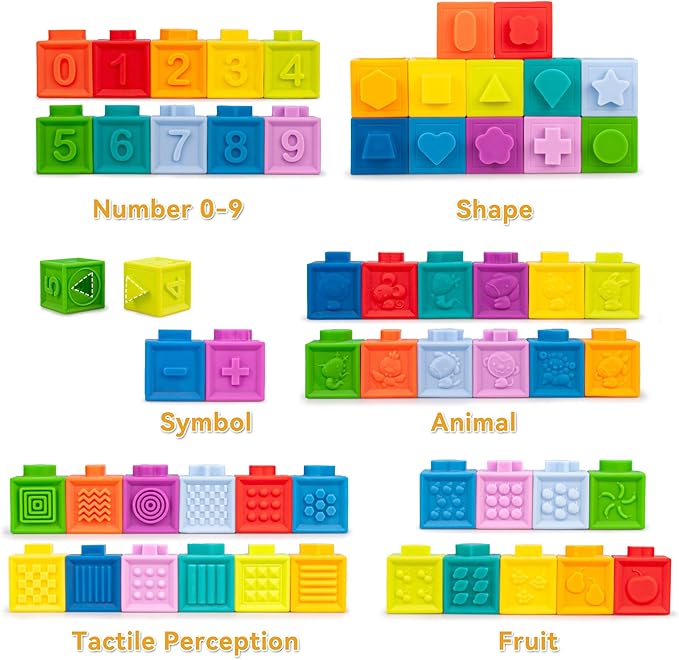 6 in1 Montessori Baby Toys 6-12 Months，Montessori Toy for Babies 6-12 Months，Incl 12pc Building Blocks &Silicone Pull String & Sensory Cube & Manhattan Ball& 2 Stacking Toys. Baby Development Toys