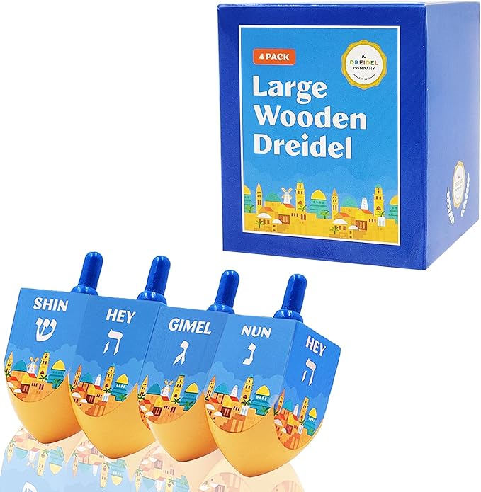 The Dreidel Company 4-Pack Extra Large Jerusalem Wood Dreidels, Let's Play The Hanukkah Game, (4-Pack)