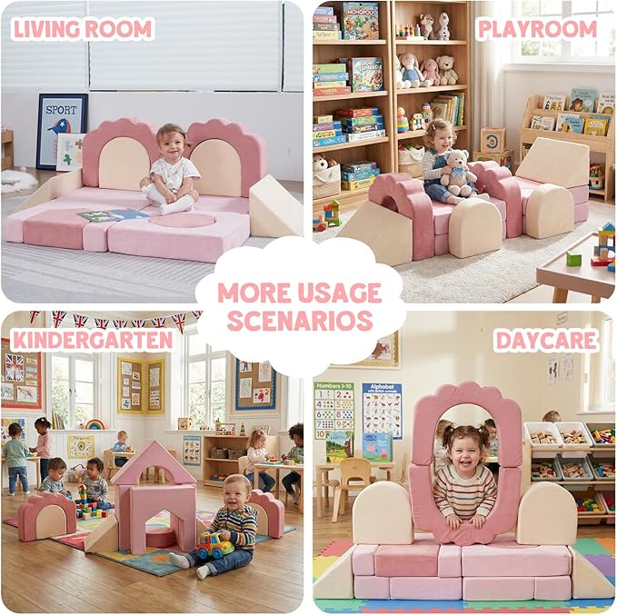 13 Pieces Foam Climbing Blocks for Toddlers|Floral Baby Soft Play Gym,Kids Indoor Crawing Climbers & Play Structures for Bedroom,Livingroom & Playroom,Pink & Beige