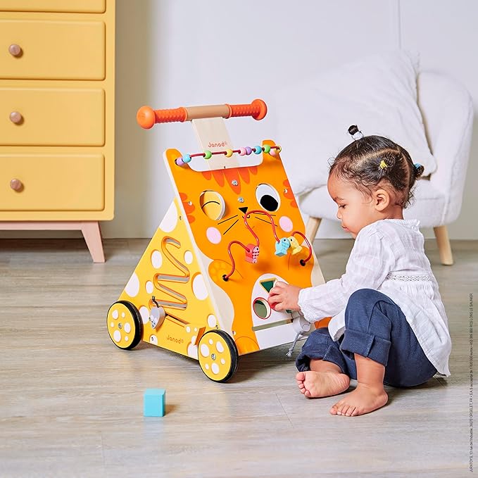 Janod Wooden Activity Baby Walker Cat - 21.1" Tall - Ages 12 Months+ - J08005 One Color