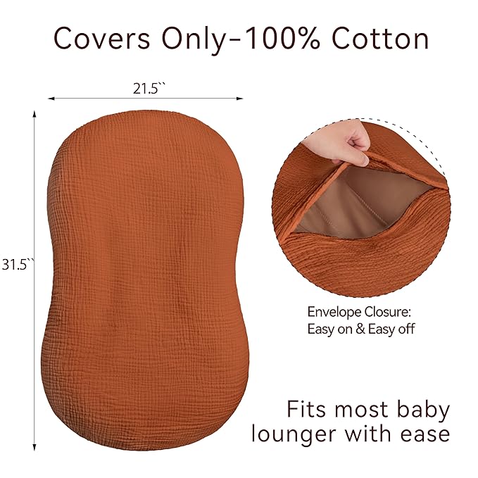 Muslin Baby Lounger Cover 1 Pack, Cotton Soft Breathable Infant Nest Slipcover, Envelope Closure, Compatible with Snuggle Me Loungers, Machine Washable, Cover Only, for Boys Girls(Brown)