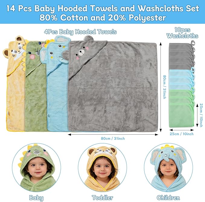14 PCS Baby Bath Towels Set, 4 PCS Large 31"x31" Animal Hooded Towels & 10 Washcloths, Thick & Ultra Absorbent for Newborns Infants Toddlers 0-5 Years, Soft for Boys