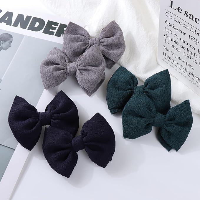 Baby Girls Hair 3'' Bows Clips Set Handmade Bow Hair Clips Hair Accessories Alligator Clip for Babies Infant Toddlers Little Kids 6 PCS Navy Blue Dark Green Gray