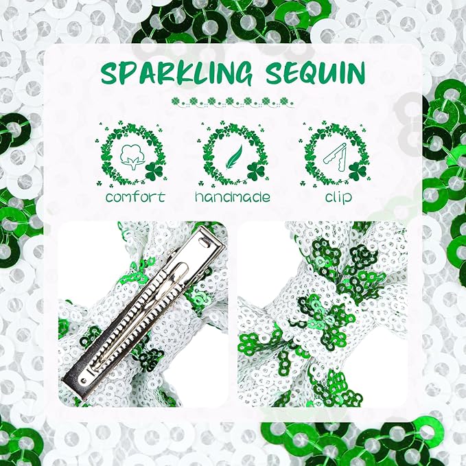St.Patrick's Day 5 Inch Sequins Bow Hair Clips Clover Glitter Bow Green HairPins Alligator Barrettes Large Hair Bows Costume Hair Accessories for Girls Children Kids