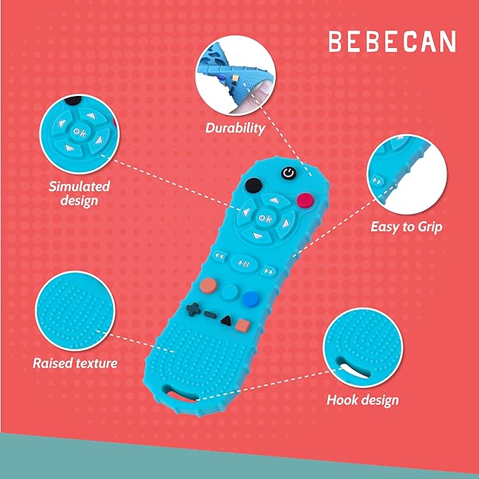 BEBECAN Teether Remote Control for Baby – Remote Toy for Infants and Toddlers 3 6 9 12 18 24 Months, Safe BPA-Free Soft Silicone Baby Chew Remote (Blue)