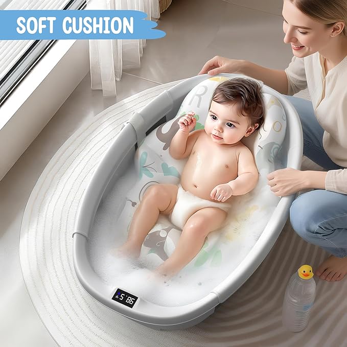 TOSGN Collapsible Baby Bathtub, 3s to Install, Baby Bath Tub with Soft Cushion & Thermometer, 0-36 Months Newborn Bathtub, Portable Travel Baby Tub, Grey