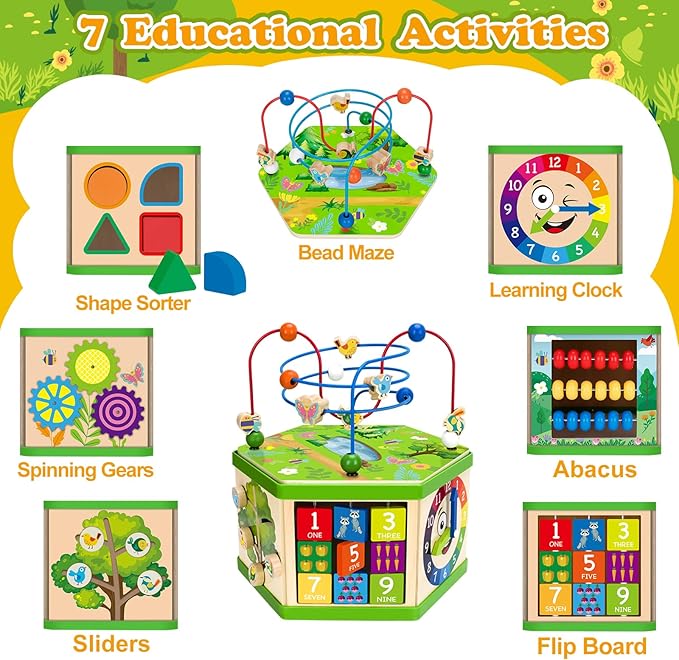 Wooden Activity Cube for 1 Year old, 12-18 Month Boys & Girls, 7-in-1 STEM Montessori Early Developmental Learning Toys for Kids Aged 1-2, Ideal 1st Birthday Gift Toys for Baby, Toddlers (Green)