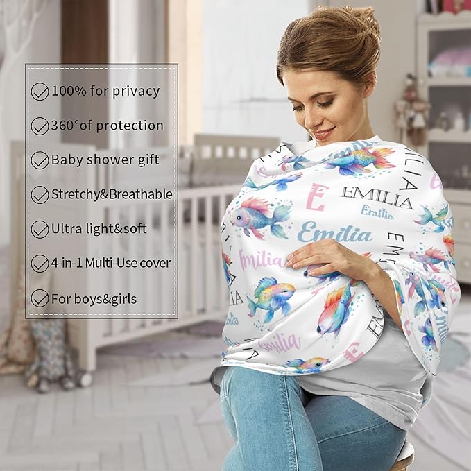 Personalized Baby Car Seat Cover with Name Stroller Canopy Custom Rainbow Fish Carseat Cover Newborn Baby Boy Girl Nursing Cover for Moms First Birthday Gift