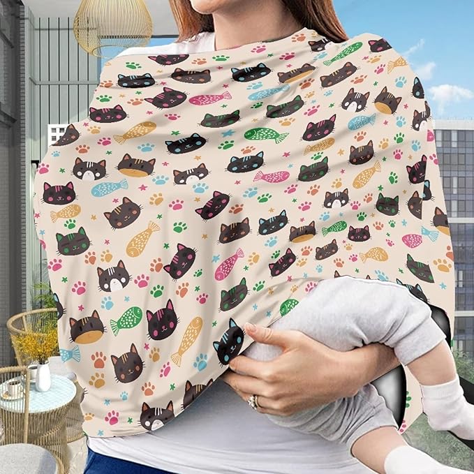 AFPANQZ Cats Design Car Seat Covers for Babies Stretchy Lightweight Soft Nursing Cover Breastfeeding Shield Carseat High Chairs Gender Neutral Shopping Carts Infant Baby Beanie and Bags