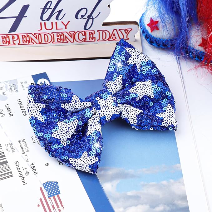 4th of July Hair Bows Clips Blue Glitter Girls Hair Accessories Little Baby Alligator Clips Hair Barrettes for Kids Sparkly Cheer Hair Ribbon Teens Gift Bling USA Flag Hairpin